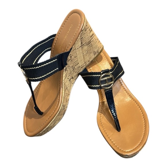 Tommy Hilfiger Cork Wedge Heeled Thong Sandals Navy Blue Tan Women’s 8.5 - Picture 1 of 16